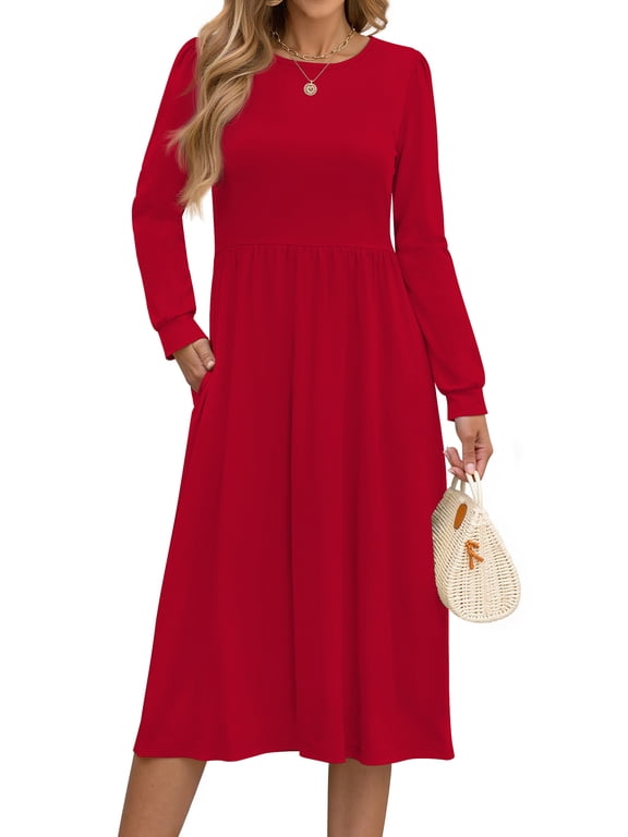Long Sleeve Midi Dresses for Women Casual Floral Dress Flowy Fall Dresses with Pockets