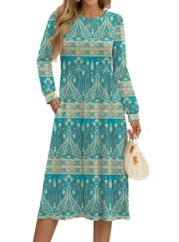 Long Sleeve Midi Dresses for Women Casual Floral Dress Flowy Fall Dresses with Pockets