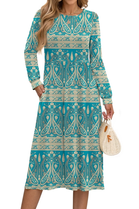 Long Sleeve Midi Dresses for Women Casual Floral Dress Flowy Fall Dresses with Pockets