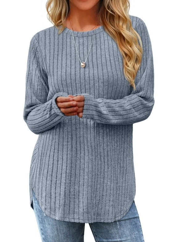 Long Sleeve Shirts for Women Casual Tunic Tops Dressy Crew Neck Pullover Fall Lightweight Sweaters for Women