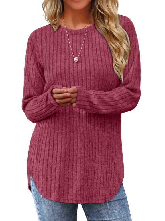 Long Sleeve Shirts for Women Casual Tunic Tops Dressy Crew Neck Pullover Fall Lightweight Sweaters for Women