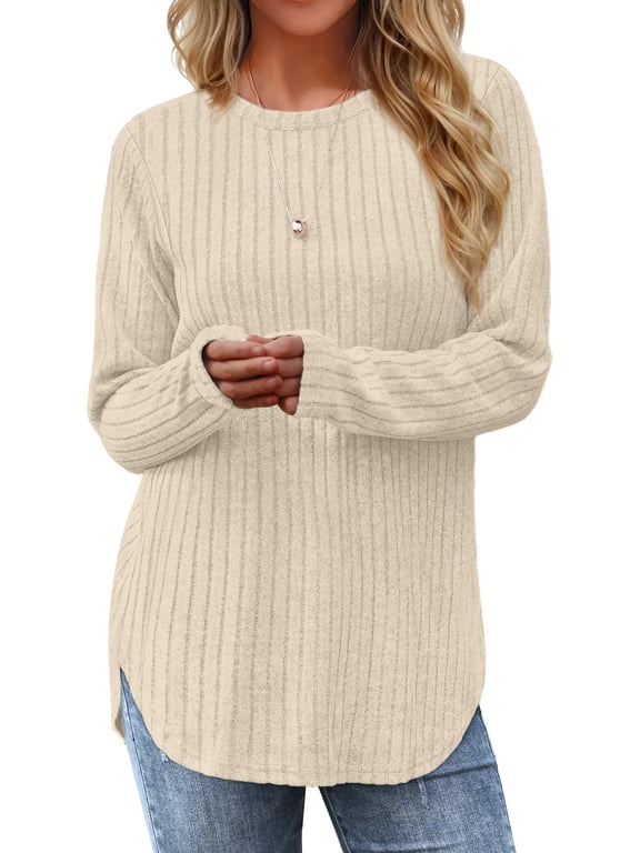 Long Sleeve Shirts for Women Casual Tunic Tops Dressy Crew Neck Pullover Fall Lightweight Sweaters for Women