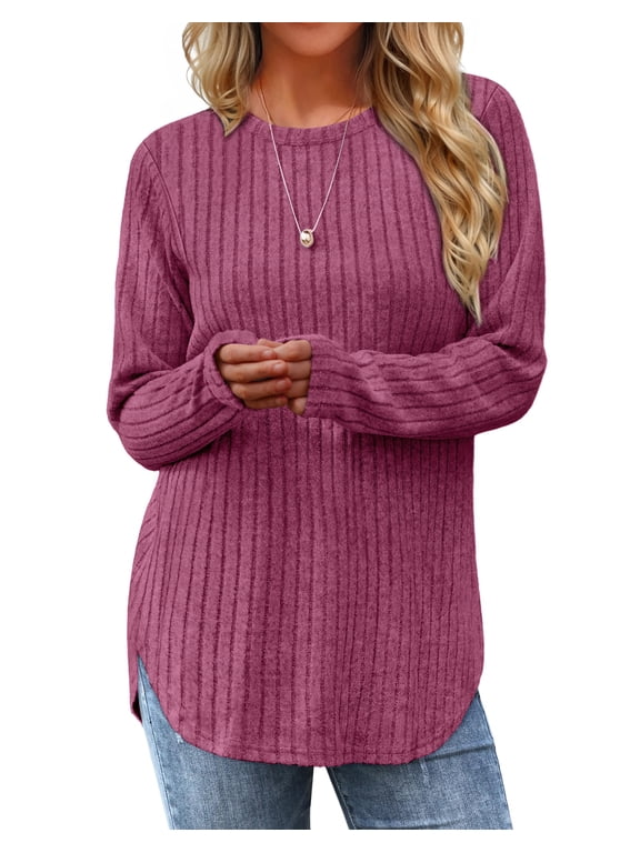 Long Sleeve Shirts for Women Casual Tunic Tops Dressy Crew Neck Pullover Fall Lightweight Sweaters for Women