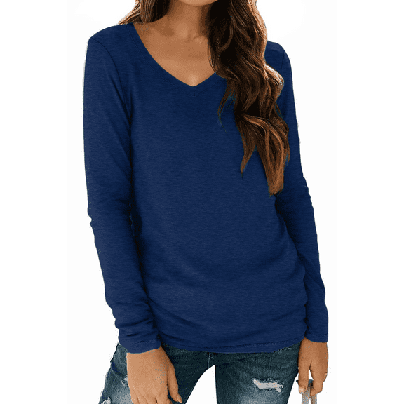 Fantaslook V Neck T Shirts for Women Long Sleeve Tops Solid Color Tee Casual Shirts