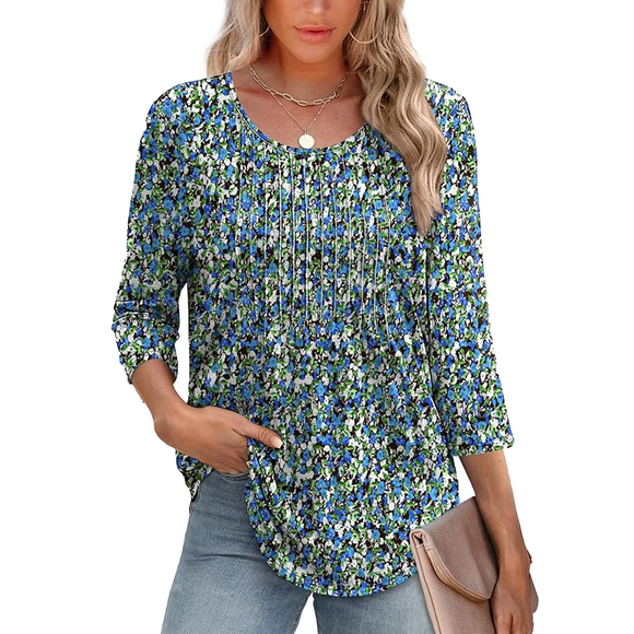 Boho Tops for Women Dressy Casual Blouses 3/4 Sleeve Crew Neck Floral Pleated Shirts for Going Out,2025 Fall