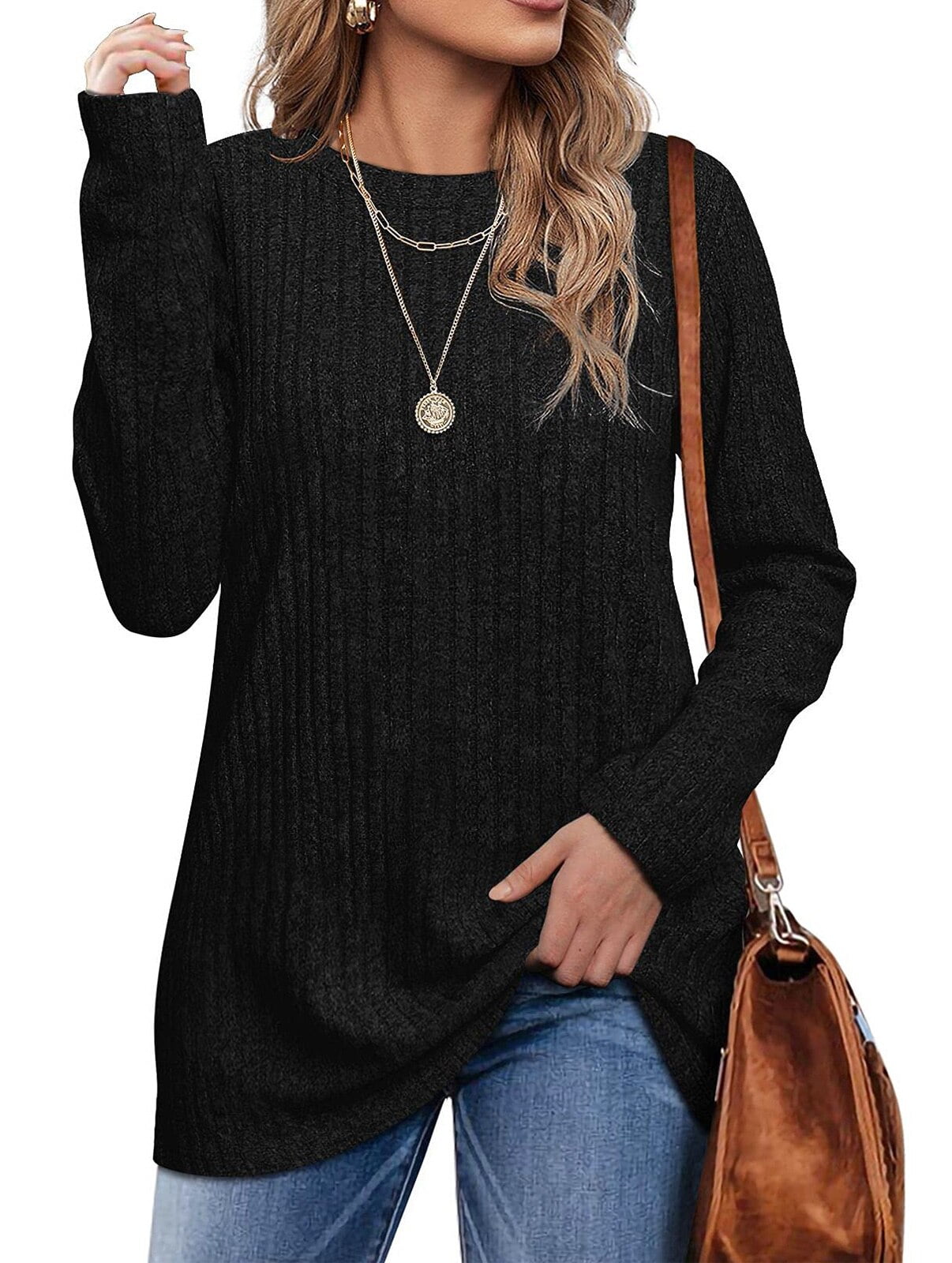 Fantaslook Long Sleeve Shirts for Women Crew Neck Casual Tunic Tops ...