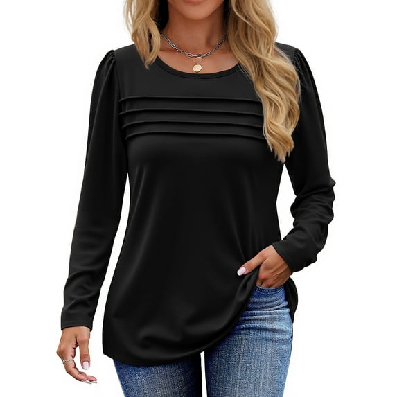 Fantaslook Long Sleeve Shirts for Women Fall Dressy Casual Blouses Fashion Pleated Tunic Tops