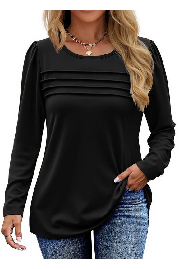 Long Sleeve Shirts for Women Fall Dressy Casual Blouses Fashion Pleated Tunic Tops