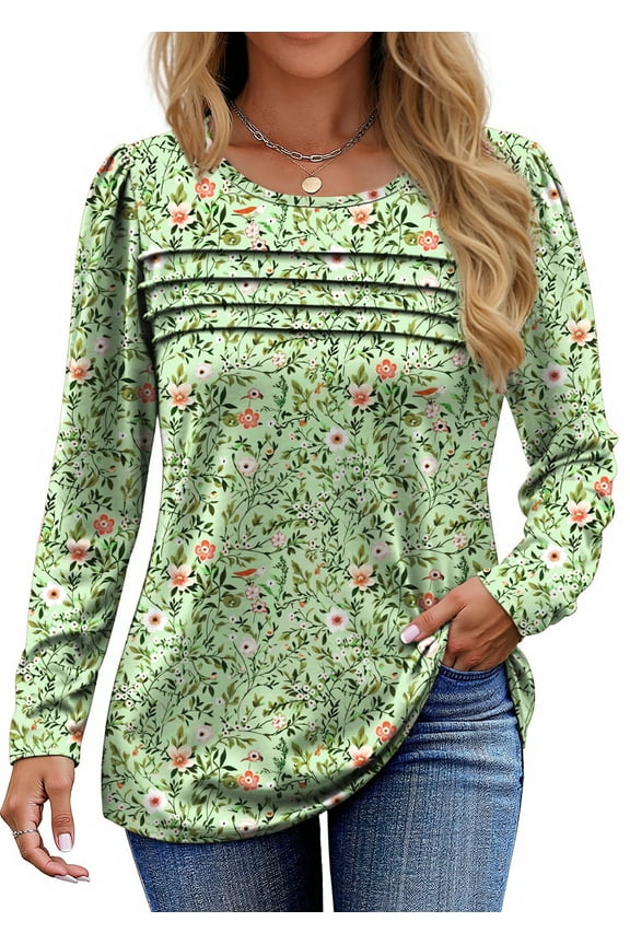 Long Sleeve Shirts for Women Fall Dressy Casual Blouses Fashion Pleated Tunic Tops