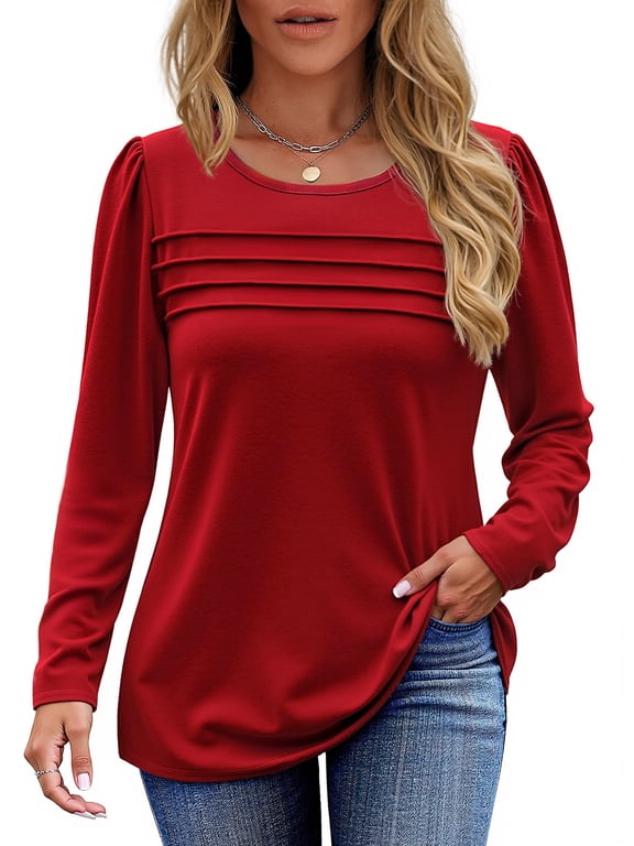 Long Sleeve Shirts for Women Fall Dressy Casual Blouses Fashion Pleated Tunic Tops