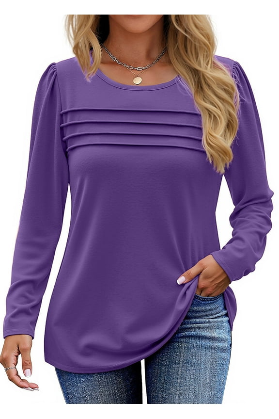 Long Sleeve Shirts for Women Fall Dressy Casual Blouses Fashion Pleated Tunic Tops