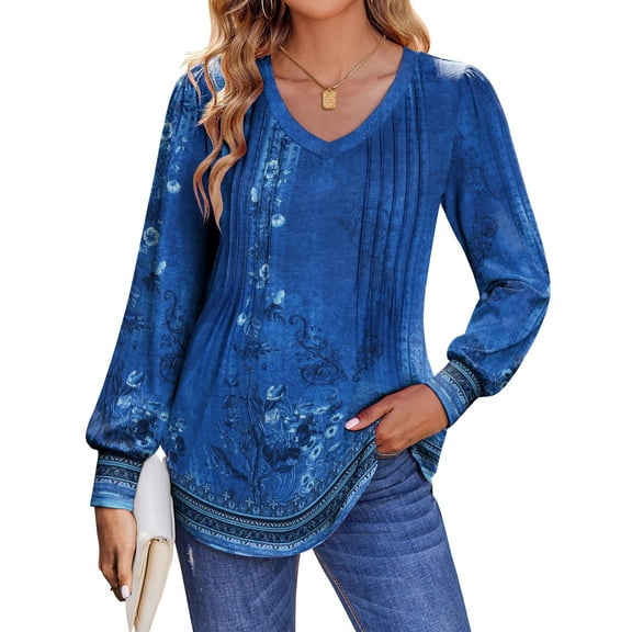 Fantaslook Long Sleeve Shirts for Women Fall Tops Dressy Casual Blouses Pleated V Neck Tunic Tops