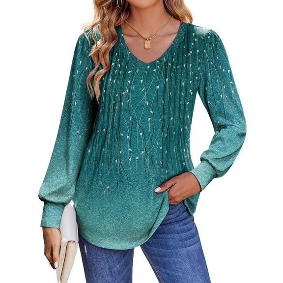 Fantaslook Long Sleeve Shirts for Women Fall Tops Dressy Casual Blouses Pleated V Neck Tunic Tops