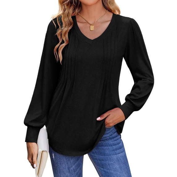 Fantaslook Long Sleeve Shirts for Women Fall Tops Dressy Casual Blouses Pleated V Neck Tunic Tops