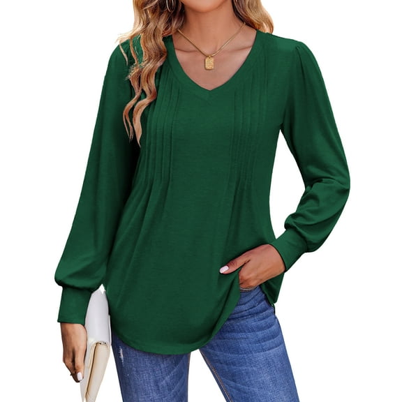 Fantaslook Long Sleeve Shirts for Women Fall Tops Dressy Casual Blouses Pleated V Neck Tunic Tops