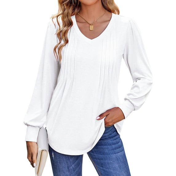 Fantaslook Long Sleeve Shirts for Women Fall Tops Dressy Casual Blouses Pleated V Neck Tunic Tops
