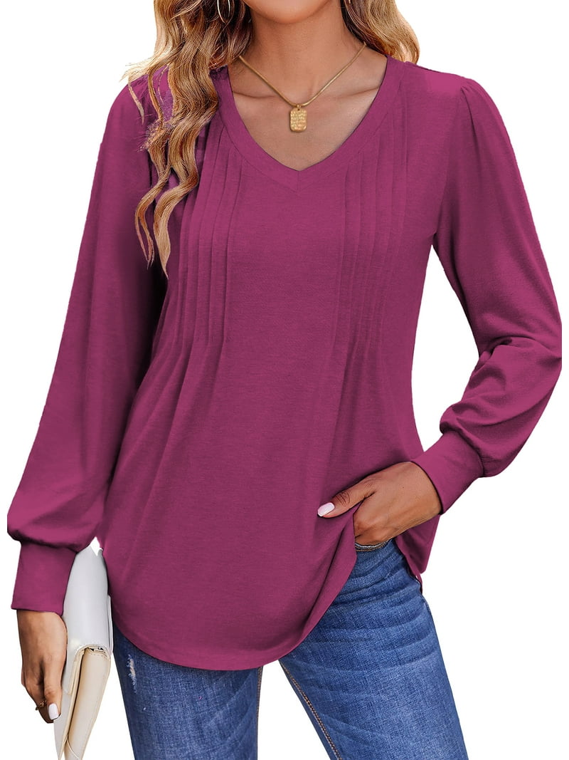 Fantaslook Long Sleeve Shirts for Women Fall Tops Dressy Casual Blouses Pleated V Neck Tunic Tops, image size:800x1067