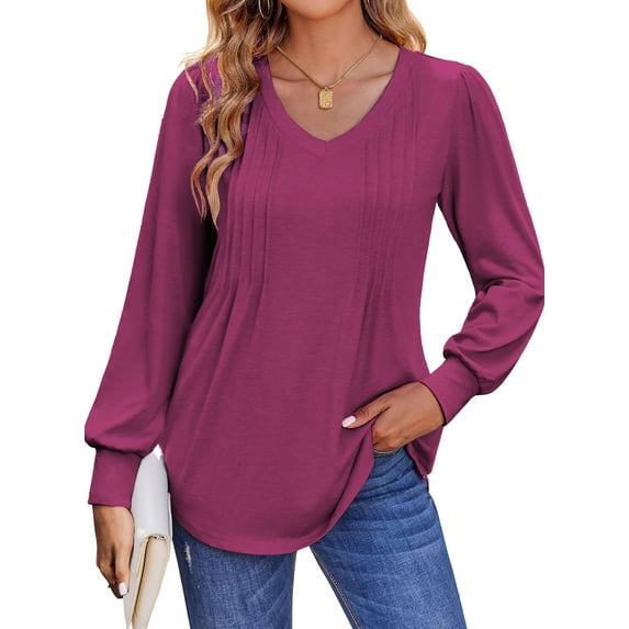 Fantaslook Long Sleeve Shirts for Women Fall Tops Dressy Casual Blouses Pleated V Neck Tunic Tops