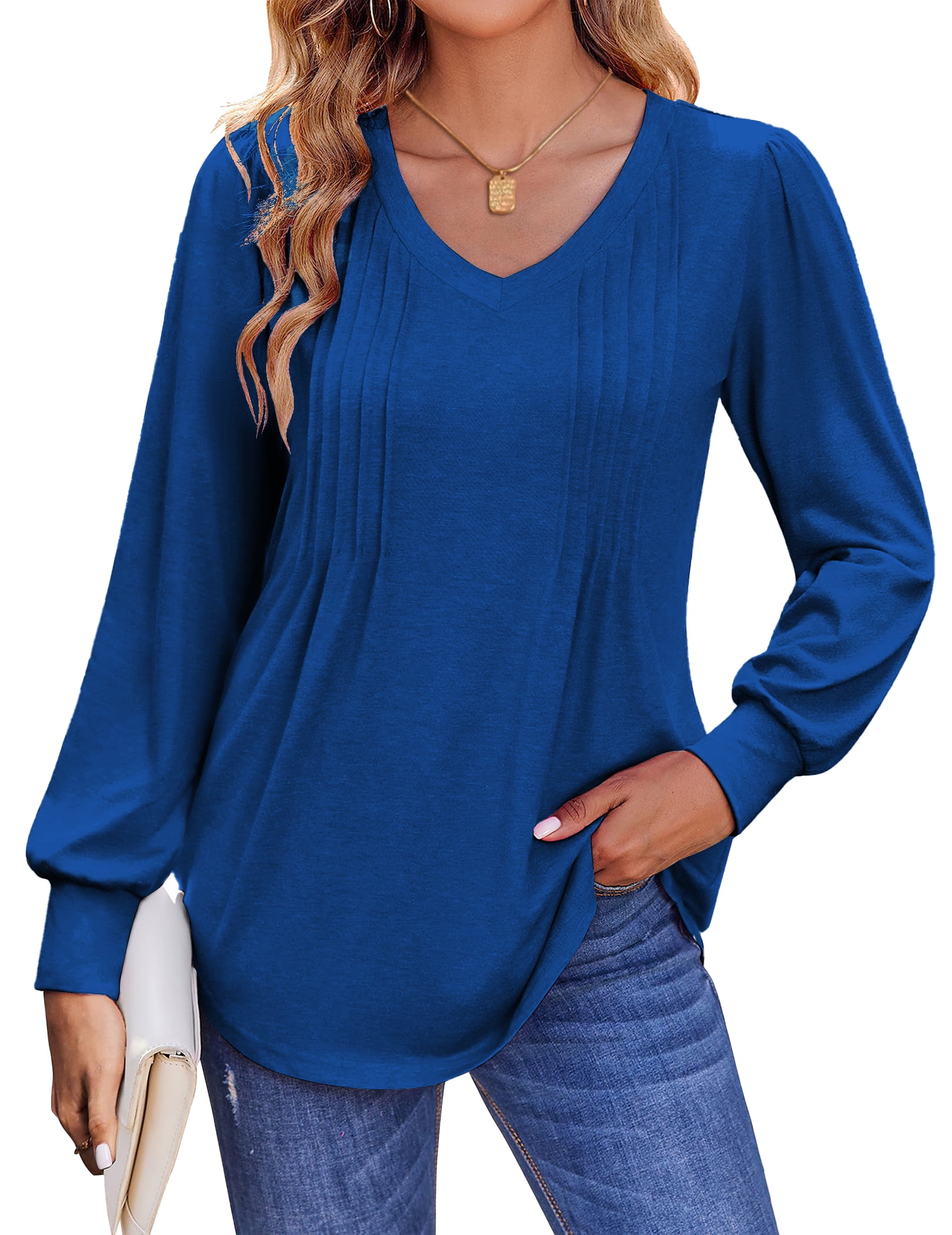 Fantaslook Long Sleeve Shirts for Women Fall Tops Dressy Casual Blouses Pleated V Neck Tunic Tops