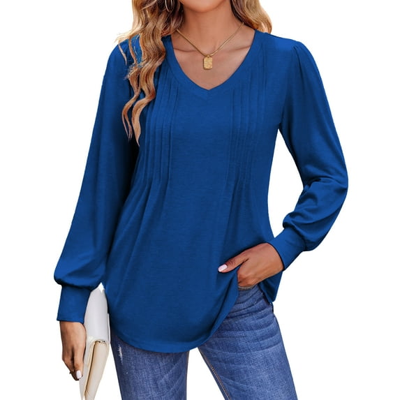 Fantaslook Long Sleeve Shirts for Women Fall Tops Dressy Casual Blouses Pleated V Neck Tunic Tops