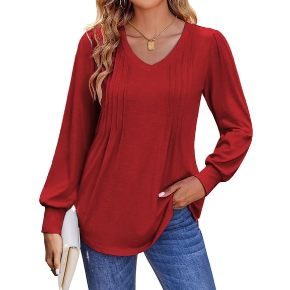 Fantaslook Long Sleeve Shirts for Women Fall Tops Dressy Casual Blouses Pleated V Neck Tunic Tops