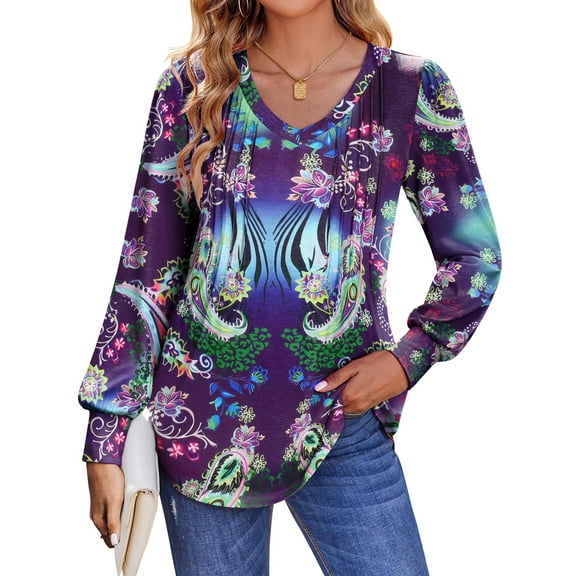 Fantaslook Long Sleeve Shirts for Women Fall Tops Dressy Casual Blouses Pleated V Neck Tunic Tops