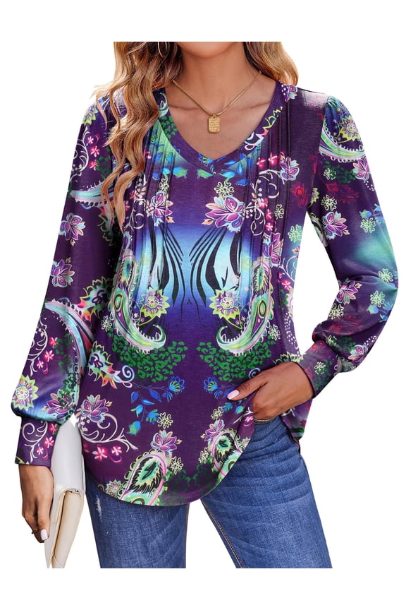Long Sleeve Shirts for Women Fall Tops Dressy Casual Blouses Pleated V Neck Tunic Tops