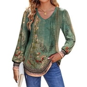 Long Sleeve Shirts for Women Fall Tops Dressy Casual Blouses Pleated V Neck Tunic Tops deal from Walmart