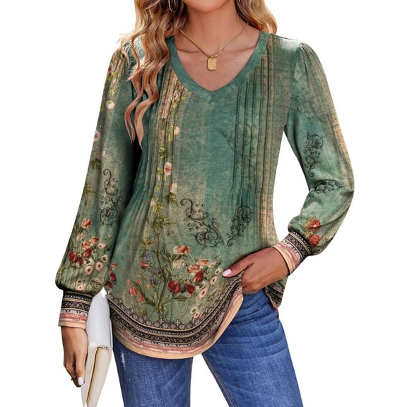 Fantaslook Long Sleeve Shirts for Women Fall Tops Dressy Casual Blouses Pleated V Neck Tunic Tops
