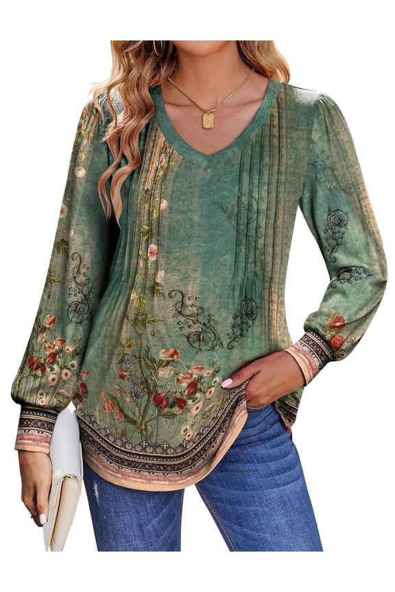 Long Sleeve Shirts for Women Fall Tops Dressy Casual Blouses Pleated V Neck Tunic Tops