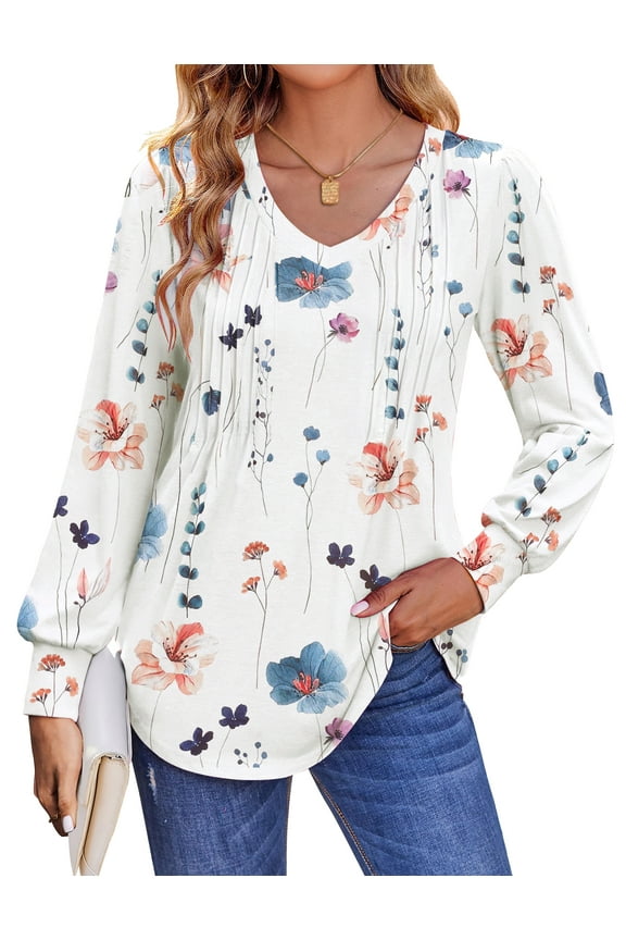 Long Sleeve Shirts for Women Fall Tops Dressy Casual Blouses Pleated V Neck Tunic Tops