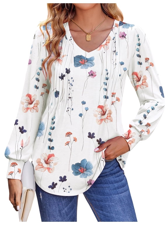 Long Sleeve Shirts for Women Fall Tops Dressy Casual Blouses Pleated V Neck Tunic Tops