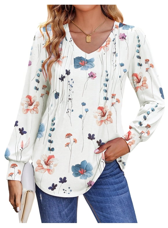 Long Sleeve Shirts for Women Fall Tops Dressy Casual Blouses Pleated V Neck Tunic Tops