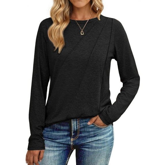 Fantaslook Long Sleeve Shirts for Women Pleated Crew Neck Casual Tops Fall Fashion Blouses Lightweight Clothes