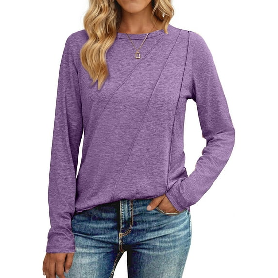 Fantaslook Long Sleeve Shirts for Women Pleated Crew Neck Casual Tops Fall Fashion Blouses Lightweight Clothes