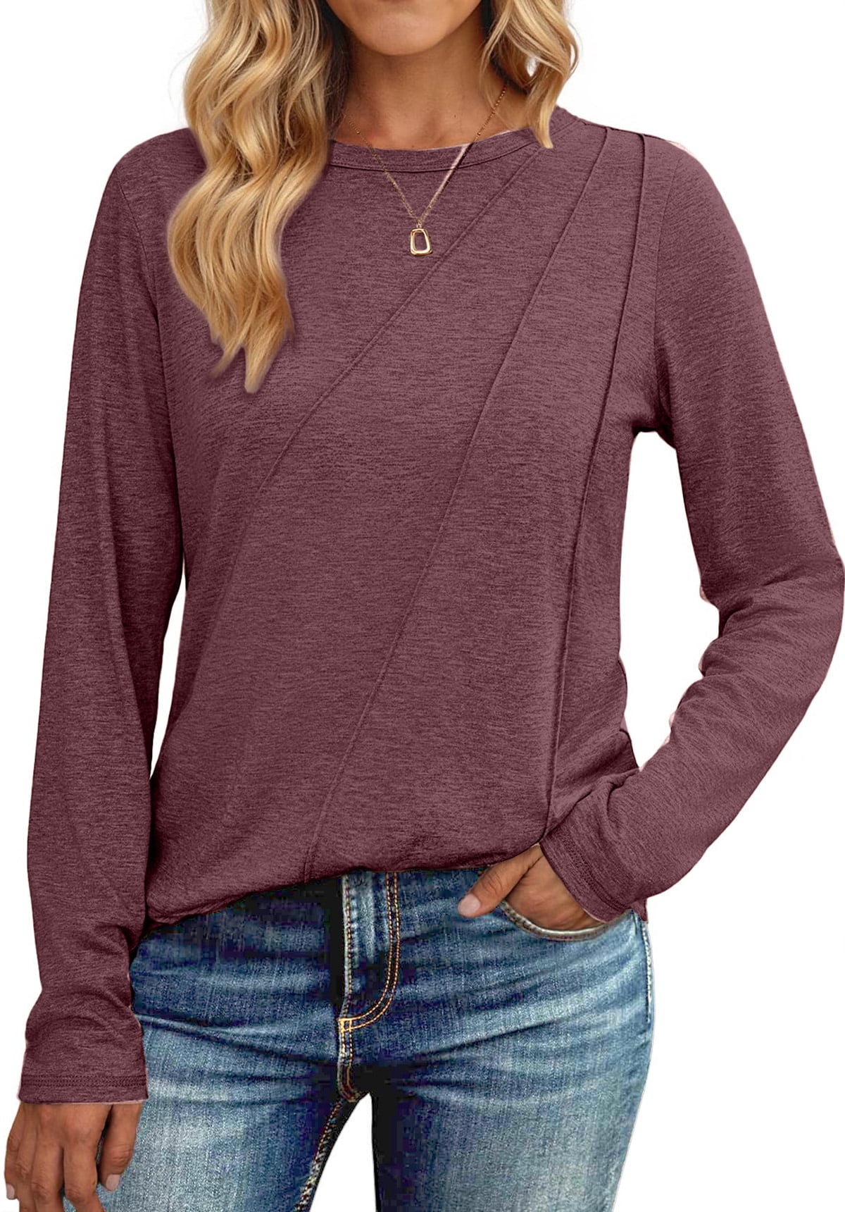 Long Sleeve Shirts for Women Pleated Crew Neck Casual Tops Fall Fashion Blouses Lightweight Clothes