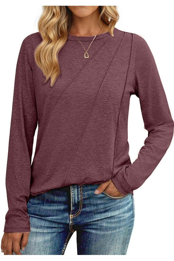 Long Sleeve Shirts for Women Pleated Crew Neck Casual Tops Fall Fashion Blouses Lightweight Clothes