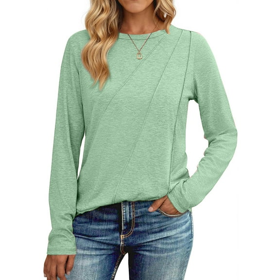 Fantaslook Long Sleeve Shirts for Women Pleated Crew Neck Casual Tops Fall Fashion Blouses Lightweight Clothes