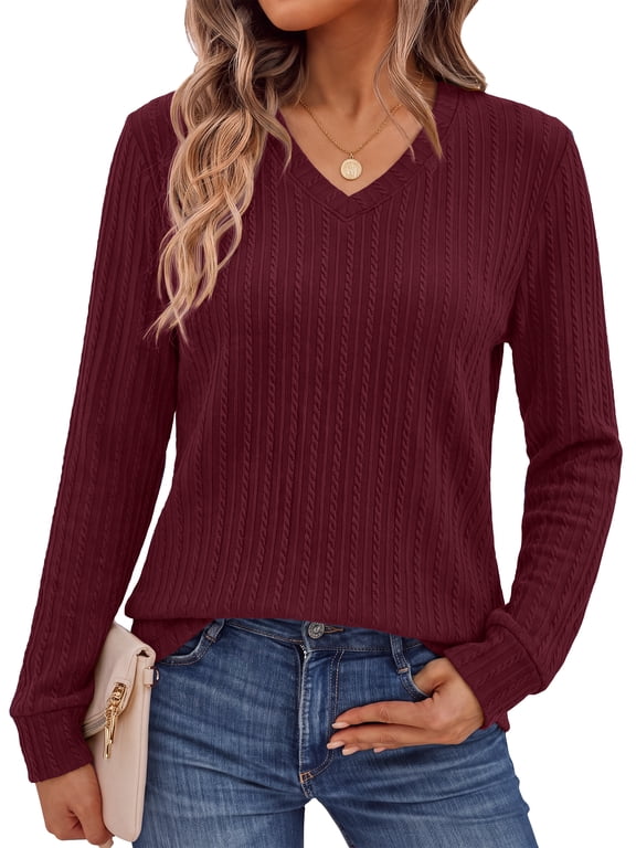 Long Sleeve Shirts for Women V Neck Textured Tops Fall Blouses Lightweight Tunic Pullover