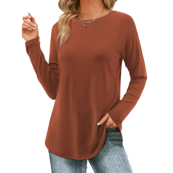 Fantaslook Long Sleeve T Shirts for Women Crew Neck Curve Hem Tunic Tops Casual Fall Shirts