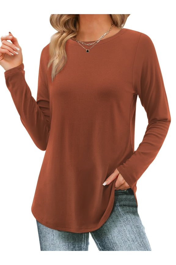 Long Sleeve T Shirts for Women Crew Neck Curve Hem Tunic Tops Casual Fall Shirts