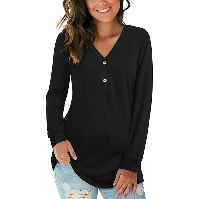 Fantaslook Long Sleeve T Shirts for Women V Neck Button Casual Tops ...