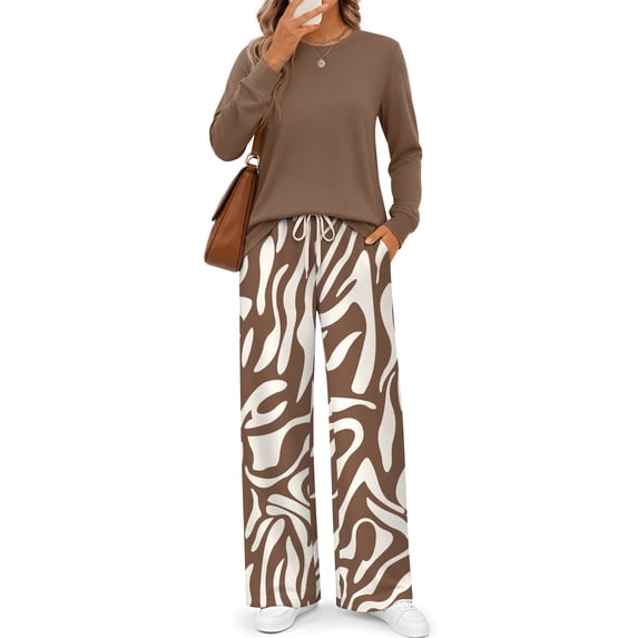 Fantaslook Long Sleeve Two Piece Sets for Women Wide Leg Pants Lounge Sets Fall Vacation Travel Outfits Fashion Boho Matching Sets