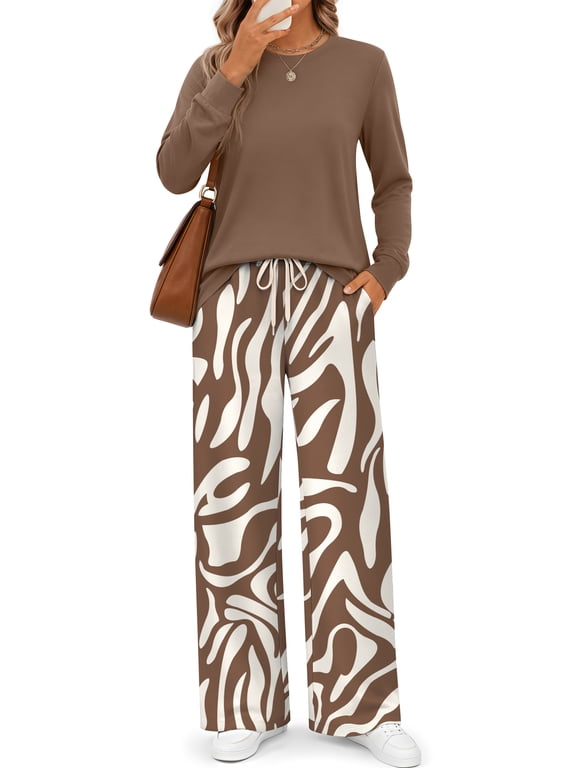 Long Sleeve Two Piece Sets for Women Wide Leg Pants Lounge Sets Fall Vacation Travel Outfits Fashion Boho Matching Sets