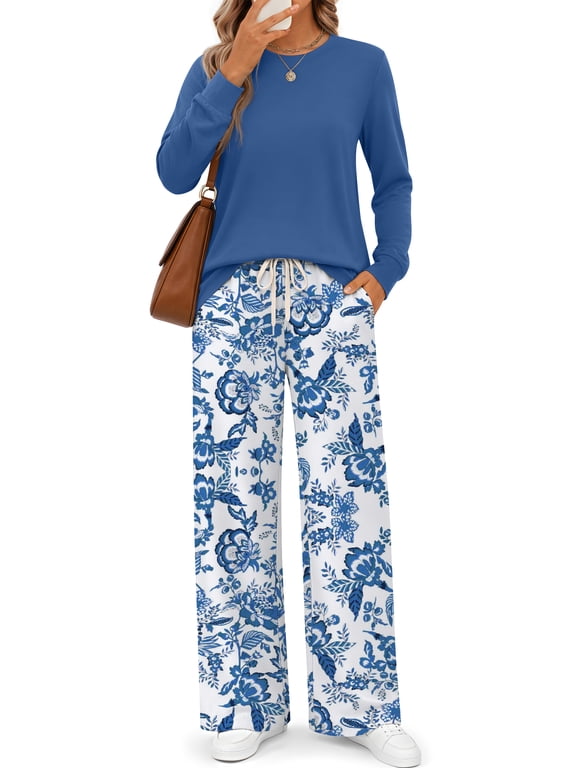 Long Sleeve Two Piece Sets for Women Wide Leg Pants Lounge Sets Fall Vacation Travel Outfits Fashion Boho Matching Sets