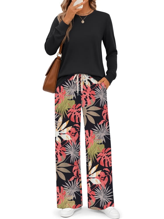 Long Sleeve Two Piece Sets for Women Wide Leg Pants Lounge Sets Fall Vacation Travel Outfits Fashion Boho Matching Sets