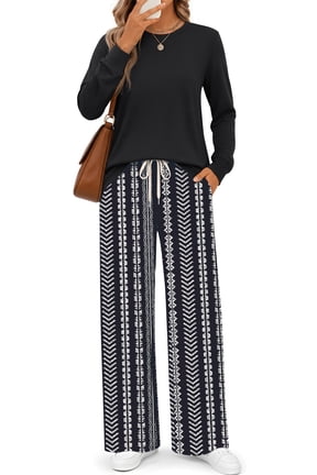 Long Sleeve Two Piece Sets for Women Wide Leg Pants Lounge Sets Fall Vacation Travel Outfits Fashion Boho Matching Sets
