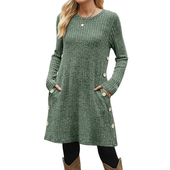 Fantaslook Long Sleeve Womens Dresses Crew Neck Buttons Tunic Sweater Dress with Pockets