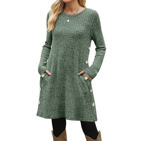 Fantaslook Long Sleeve Womens Dresses Crew Neck Buttons Tunic Sweater Dress with Pockets