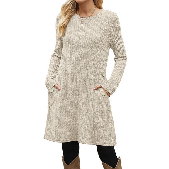 Fantaslook Long Sleeve Womens Dresses Crew Neck Buttons Tunic Sweater Dress with Pockets